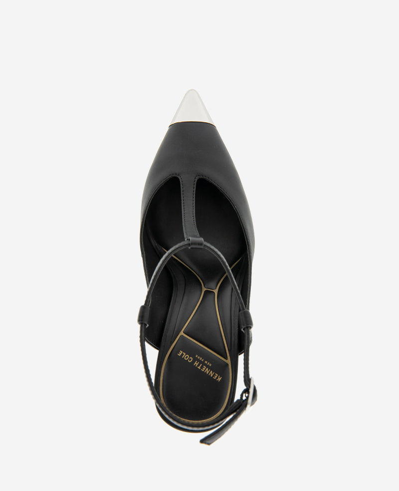 Kenneth Cole Romi T-Strap Heels – Silver Cap & Leather Style | KC