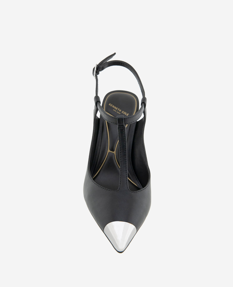 Kenneth Cole Romi T-Strap Heels – Silver Cap & Leather Style | KC