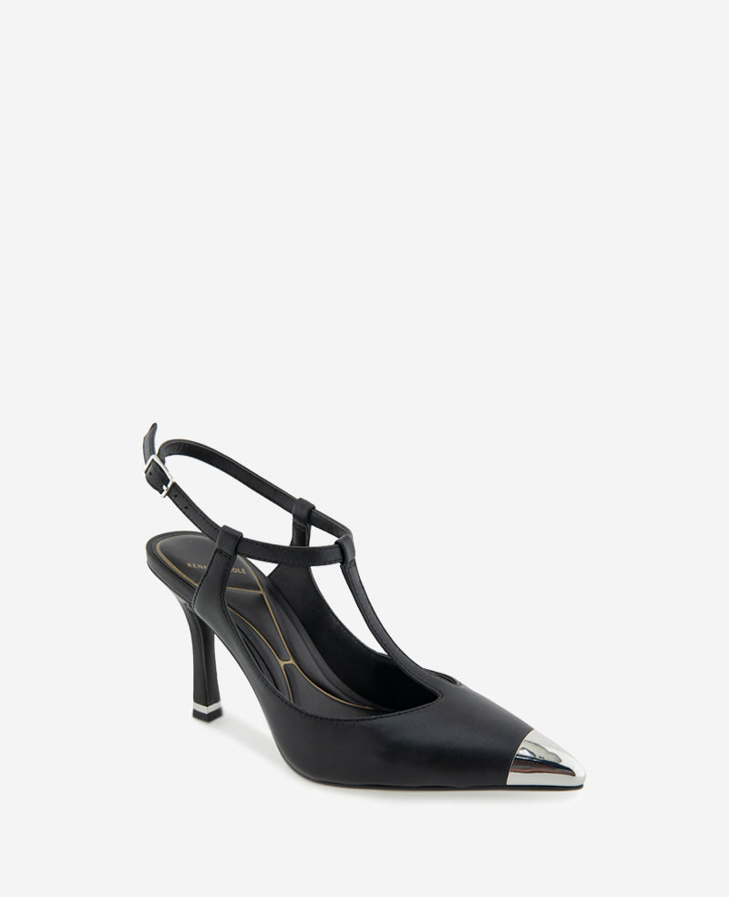 Kenneth Cole Romi T-Strap Heels – Silver Cap & Leather Style | KC
