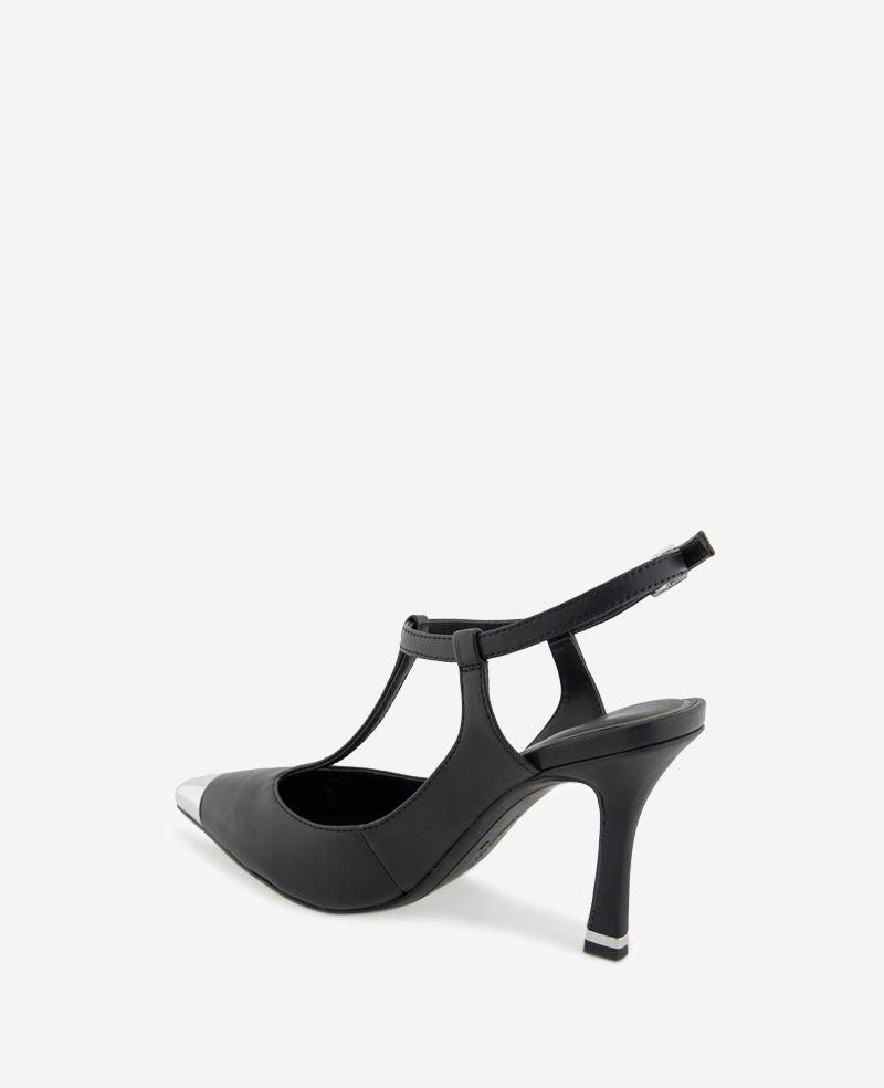 Kenneth Cole Romi T-Strap Heels – Silver Cap & Leather Style | KC