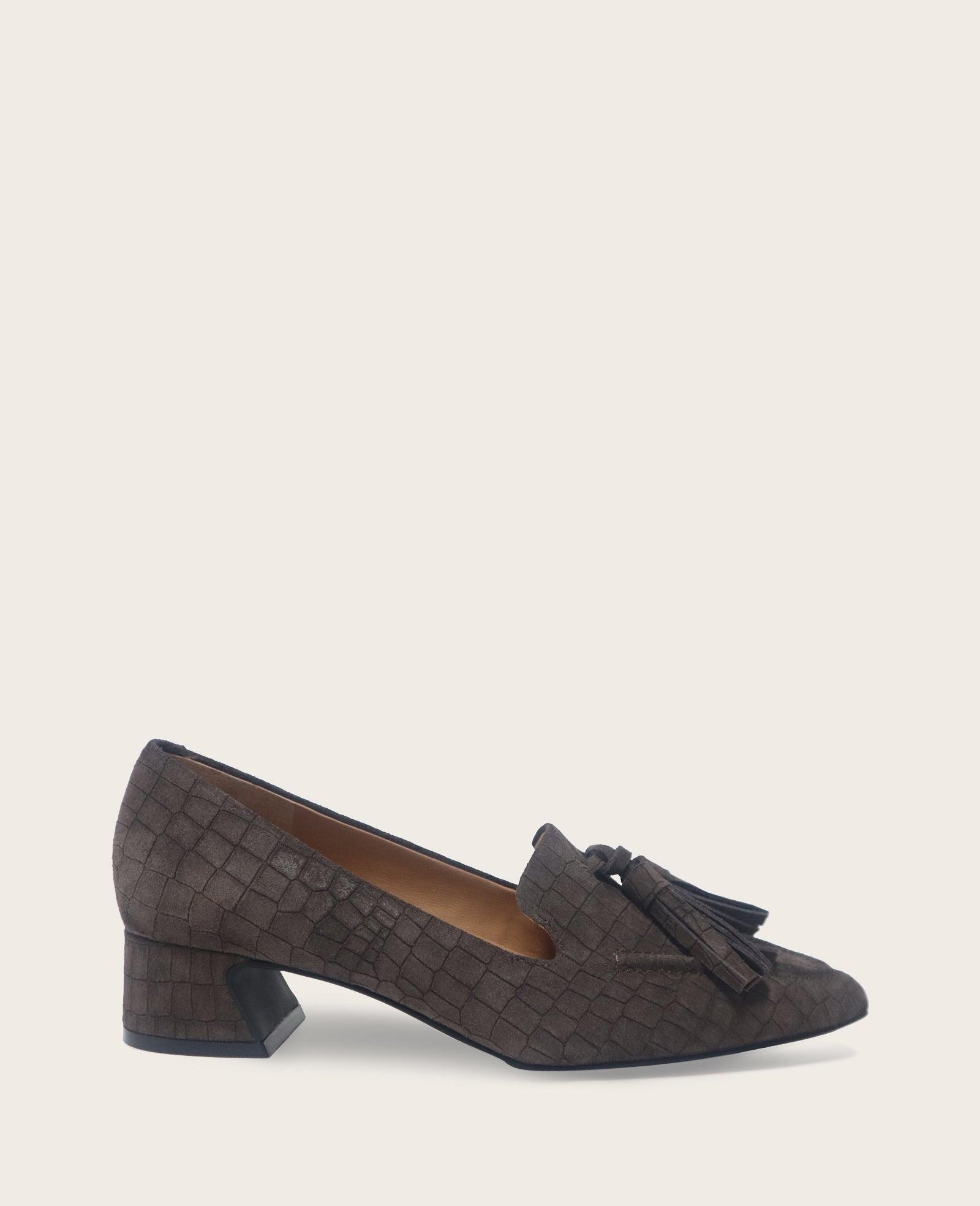 Kenneth Cole Glova Embossed Suede Tassel Heel – Chocolate | Gentle Souls