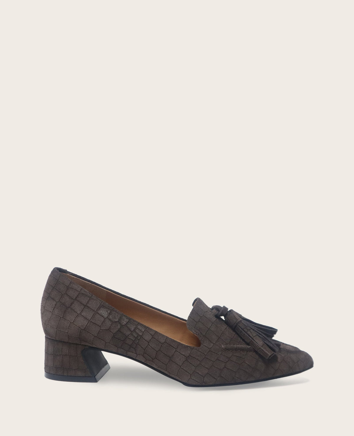 Kenneth Cole Glova Embossed Suede Tassel Heel – Chocolate | Gentle Souls