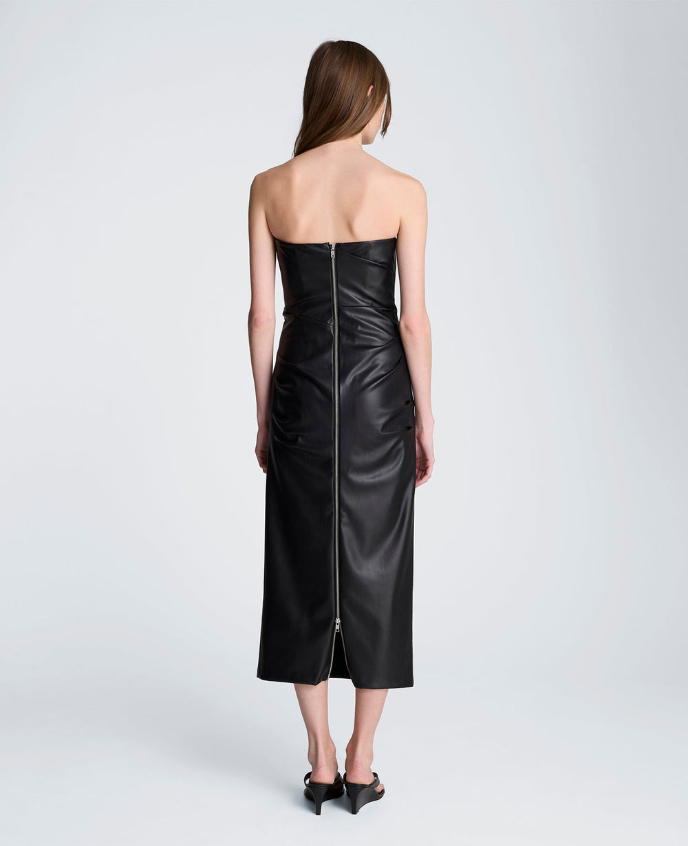 Kenneth Cole Tucked Detail Midi Strapless Vegan Leather Dress