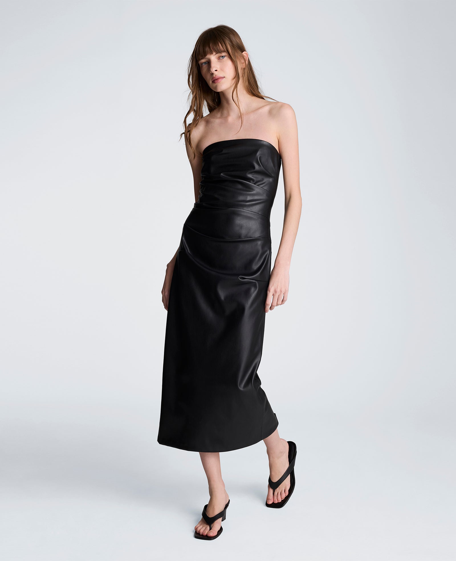 Kenneth Cole Tucked Detail Midi Strapless Vegan Leather Dress