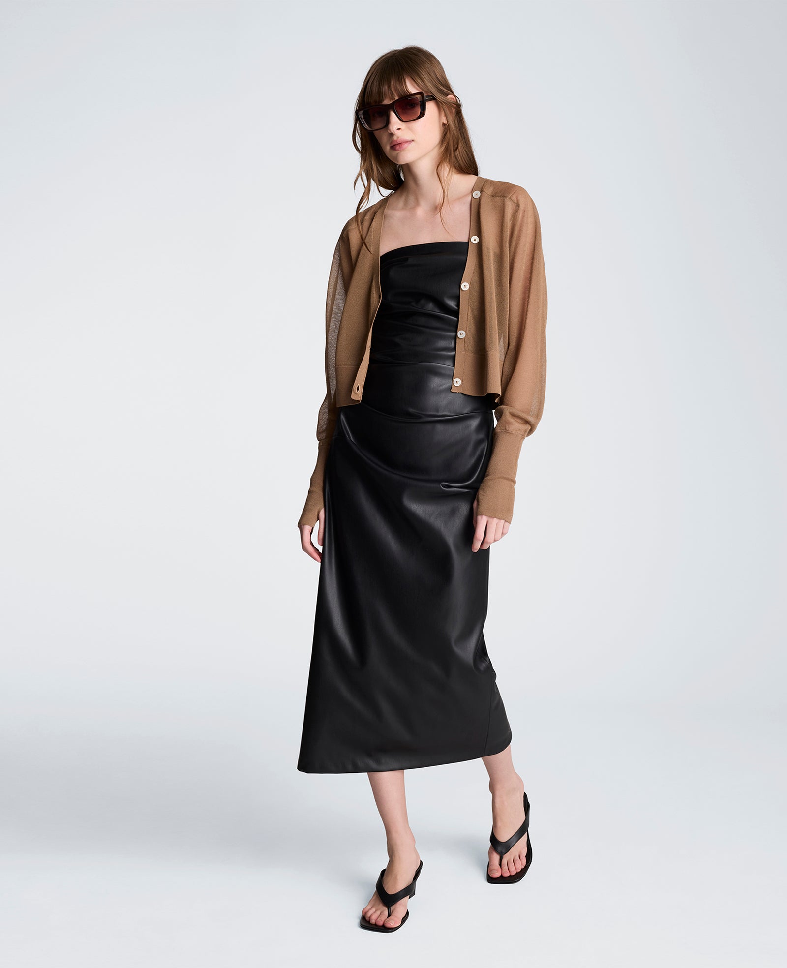 Kenneth Cole Tucked Detail Midi Strapless Vegan Leather Dress