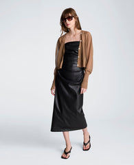 Kenneth Cole Tucked Detail Midi Strapless Vegan Leather Dress