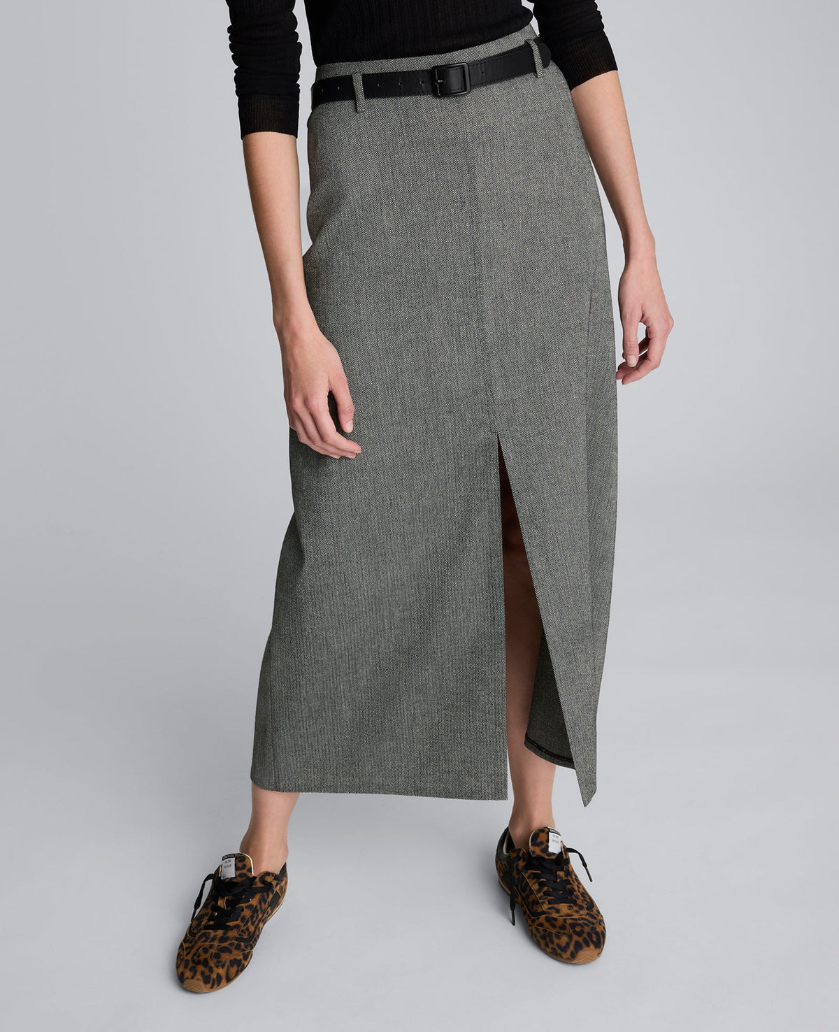 Kenneth Cole Herringbone Slit Front Belted Midi Skirt