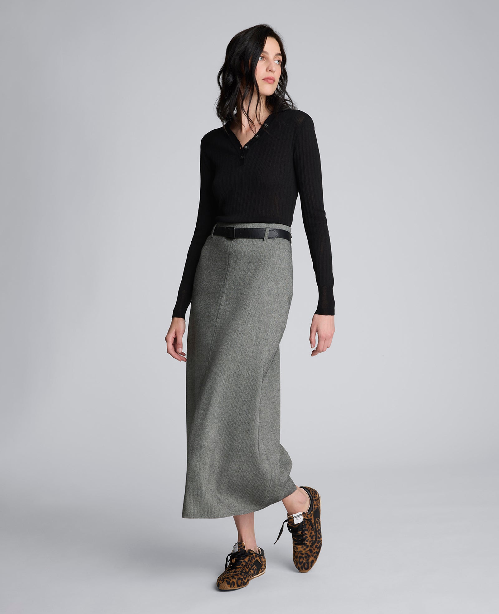 Kenneth Cole Herringbone Slit Front Belted Midi Skirt