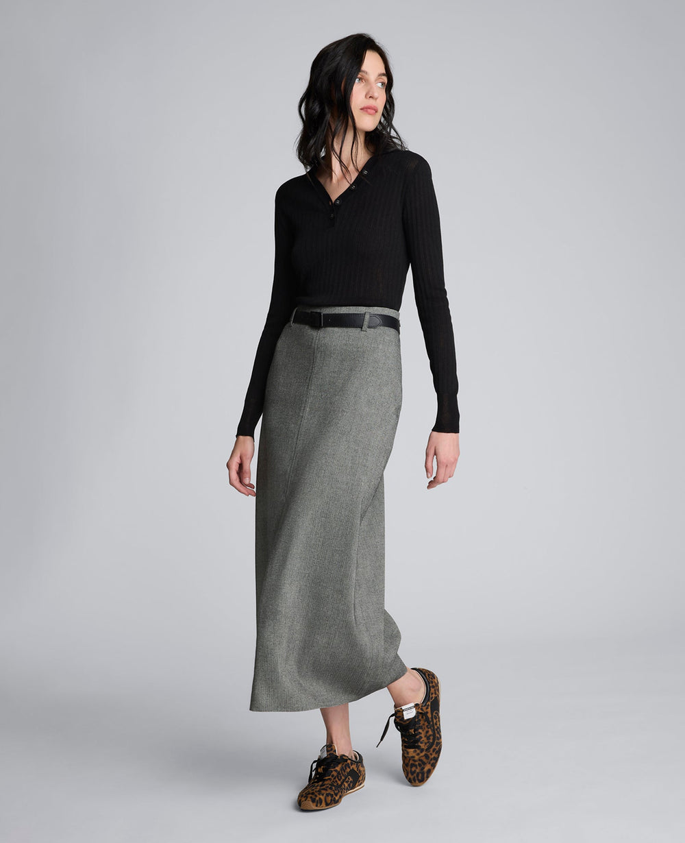 Kenneth Cole Herringbone Slit Front Belted Midi Skirt