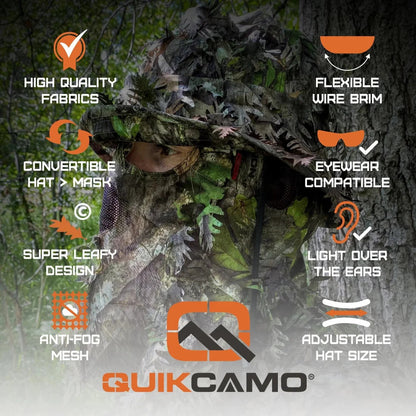 Realtree QuikCamo Unisex 2-in-1 Leafy Hunting Face Mask and Bucket Hat - Realtree Camo