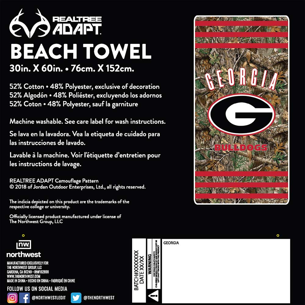 Realtree Northwest NCAA Georgia Bulldogs Camo Beach Towel - Realtree EDGE