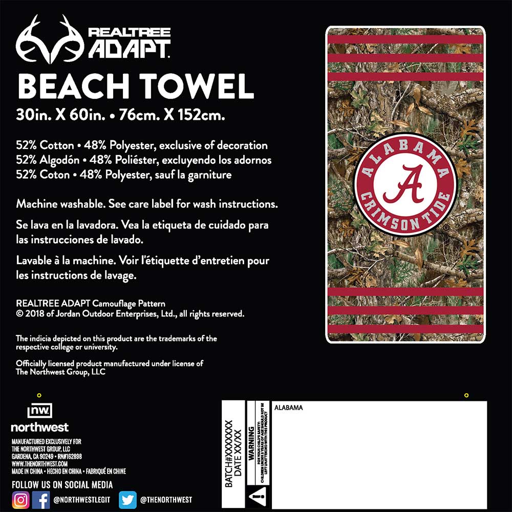 Realtree Northwest NCAA Alabama Crimson Tide Camo Beach Towel - Realtree EDGE