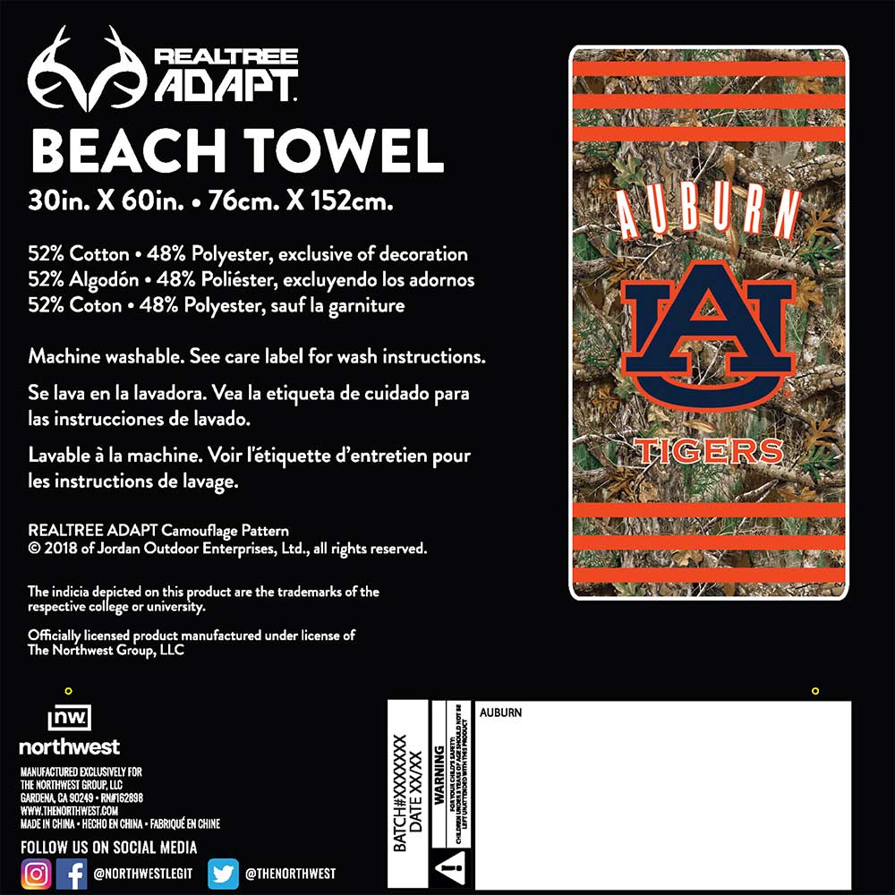 Realtree Northwest NCAA Auburn Tigers Camo Beach Towel - Realtree EDGE