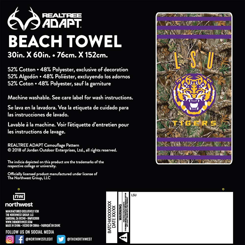 Realtree Northwest NCAA LSU Tigers Camo Beach Towel - Realtree EDGE