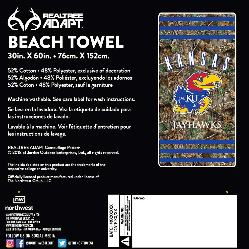 Realtree Northwest NCAA Kansas Jayhawks Camo Beach Towel - Realtree EDGE