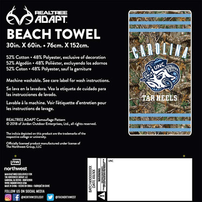 Realtree Northwest NCAA UNC Tar Heels Camo Beach Towel - Realtree EDGE