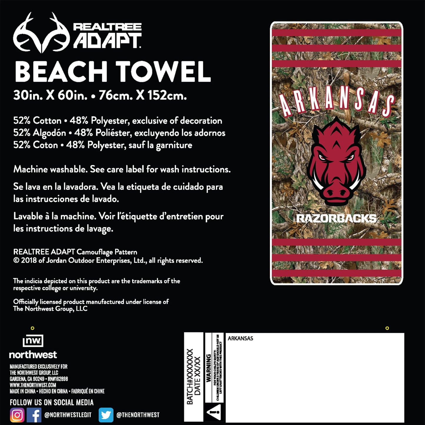 Realtree Northwest NCAA Arkansas Razorbacks Camo Beach Towel - Realtree EDGE