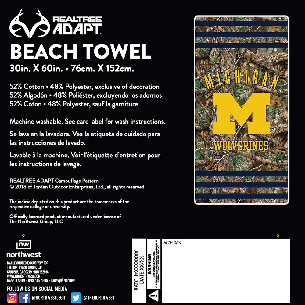 Realtree Northwest NCAA Michigan Wolverines Camo Beach Towel - Realtree EDGE